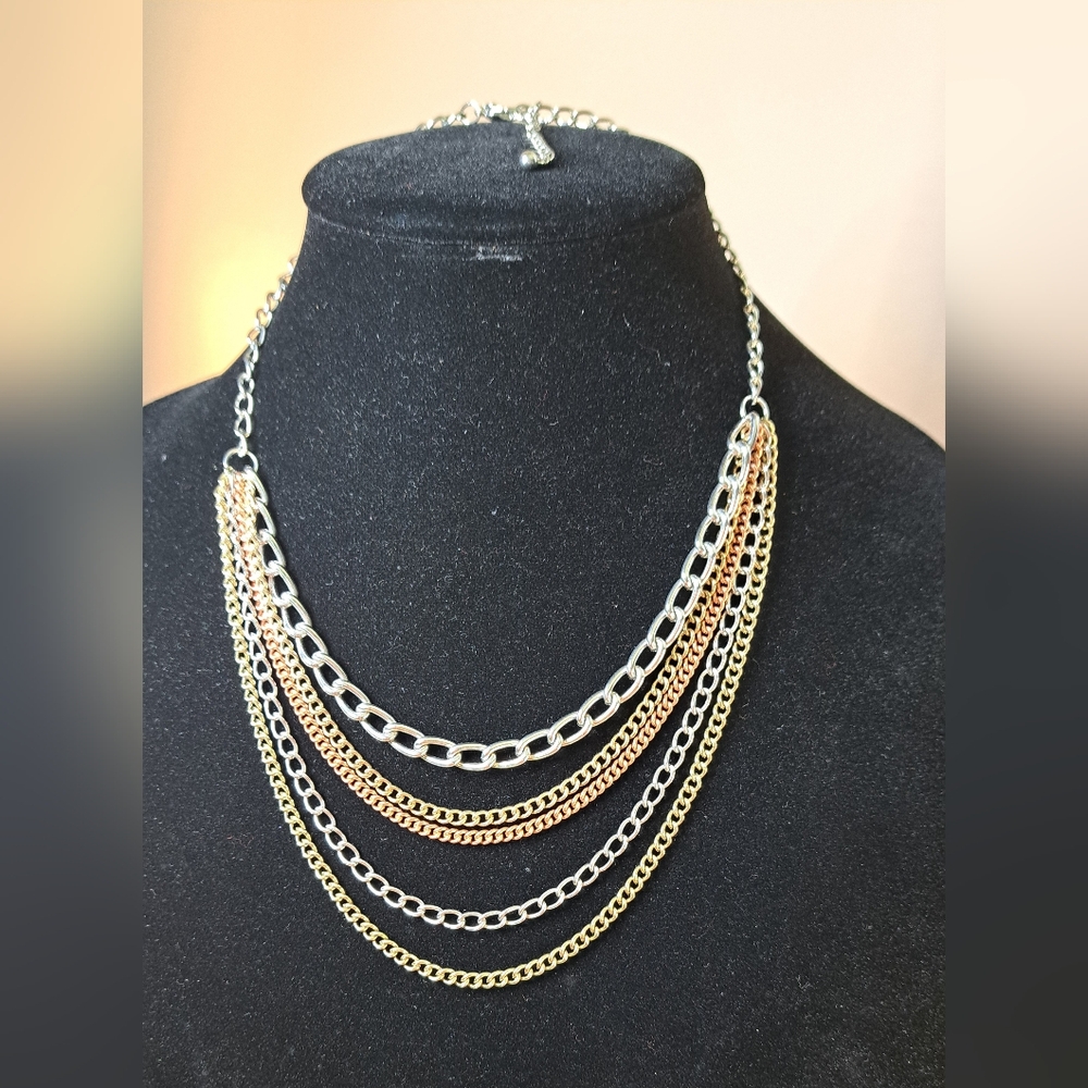 Elegant Gold, Copper, and Silver Tone Multi-Layer Necklace - Picture 4 of 4
